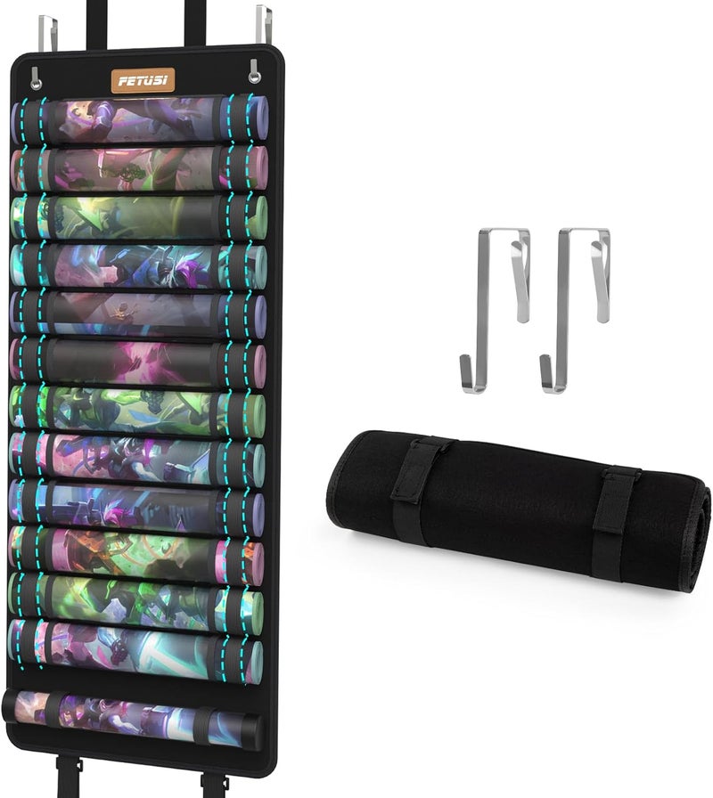 FETUSI Playmat Tube Storage Bag,Hangable Playmat Holder for MTG with 2 Hooks,Securely Locks Game Mats,Fits 12+1 Card Game Mats with Clear Plastic Slots,TCG/MTG Game Mat Case(with Reinforced Elastic Strap) - Image 1